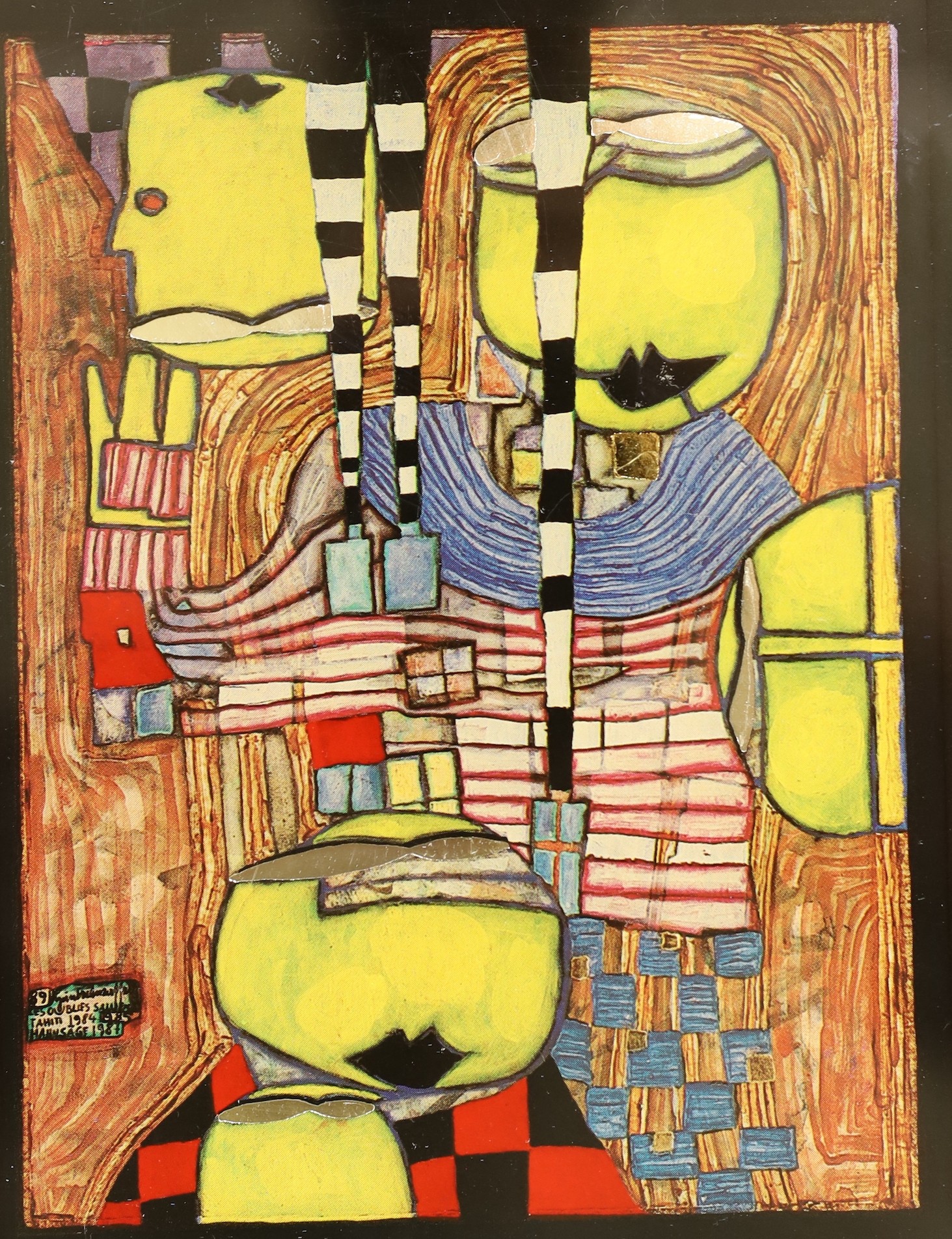 Three Hundertwasser acrylic stylised abstract plaques, 20cm tall